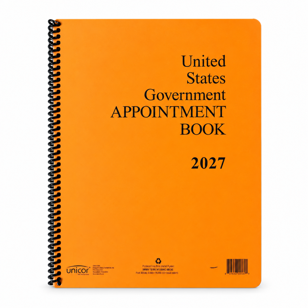 UNICOR 2027 government appointment book with orange cover and black spiral binding, NSN 7530-01-664-8810