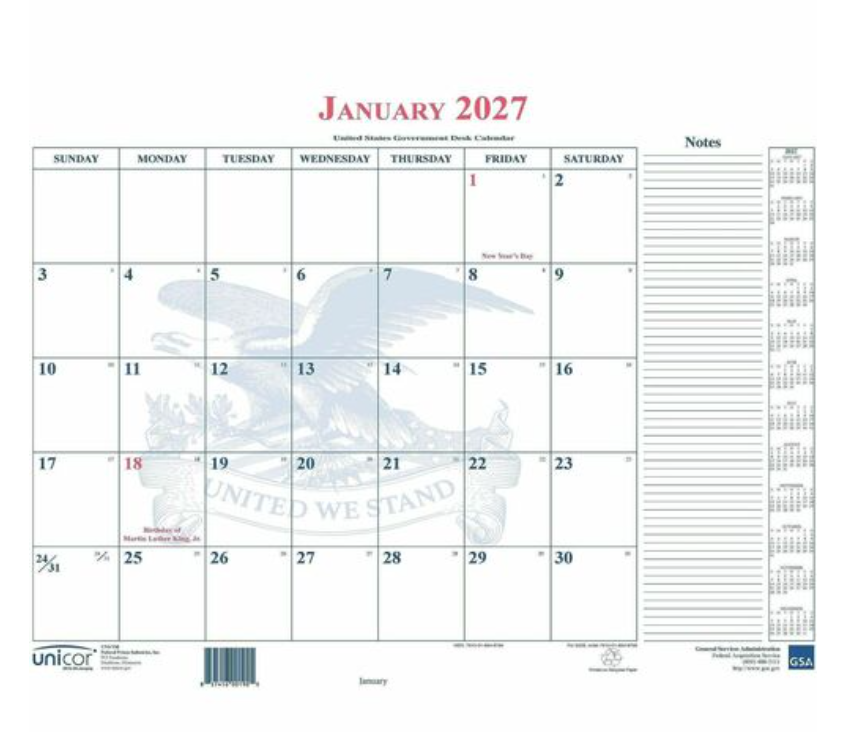 UNICOR January 2027 desk calendar blotter with eagle design and notes column, NSN 7510-01-664-8794.