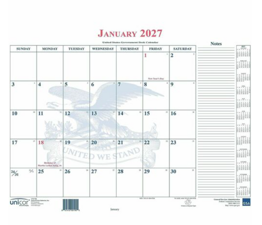 UNICOR January 2027 desk calendar blotter with eagle design and notes column, NSN 7510-01-664-8794.