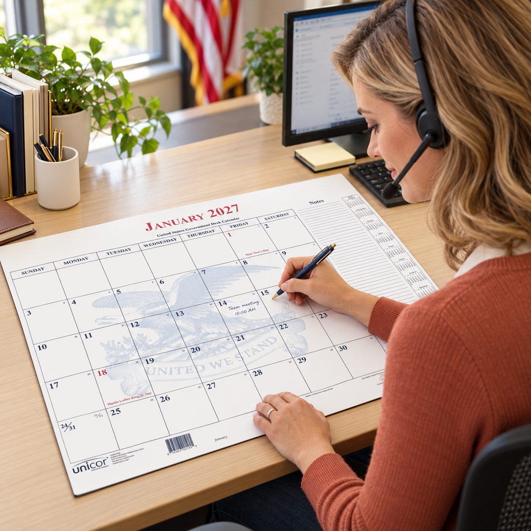 Staff member wearing a headset and recording an appointment on a UNICOR monthly desk calendar.