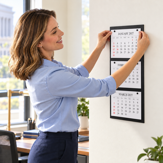 Staff member mounting calendar pages on a three-month wall display in a bright office.