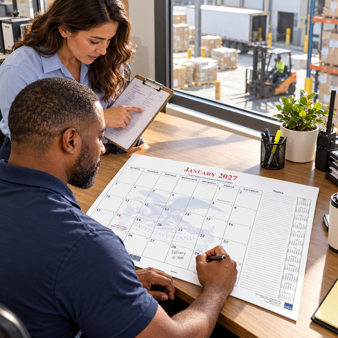 Logistics colleagues coordinating delivery dates on a desk calendar beside a warehouse window.