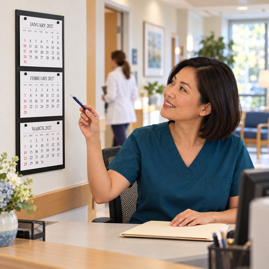 Clinic staff member consulting a three-month wall calendar at a scheduling workstation.