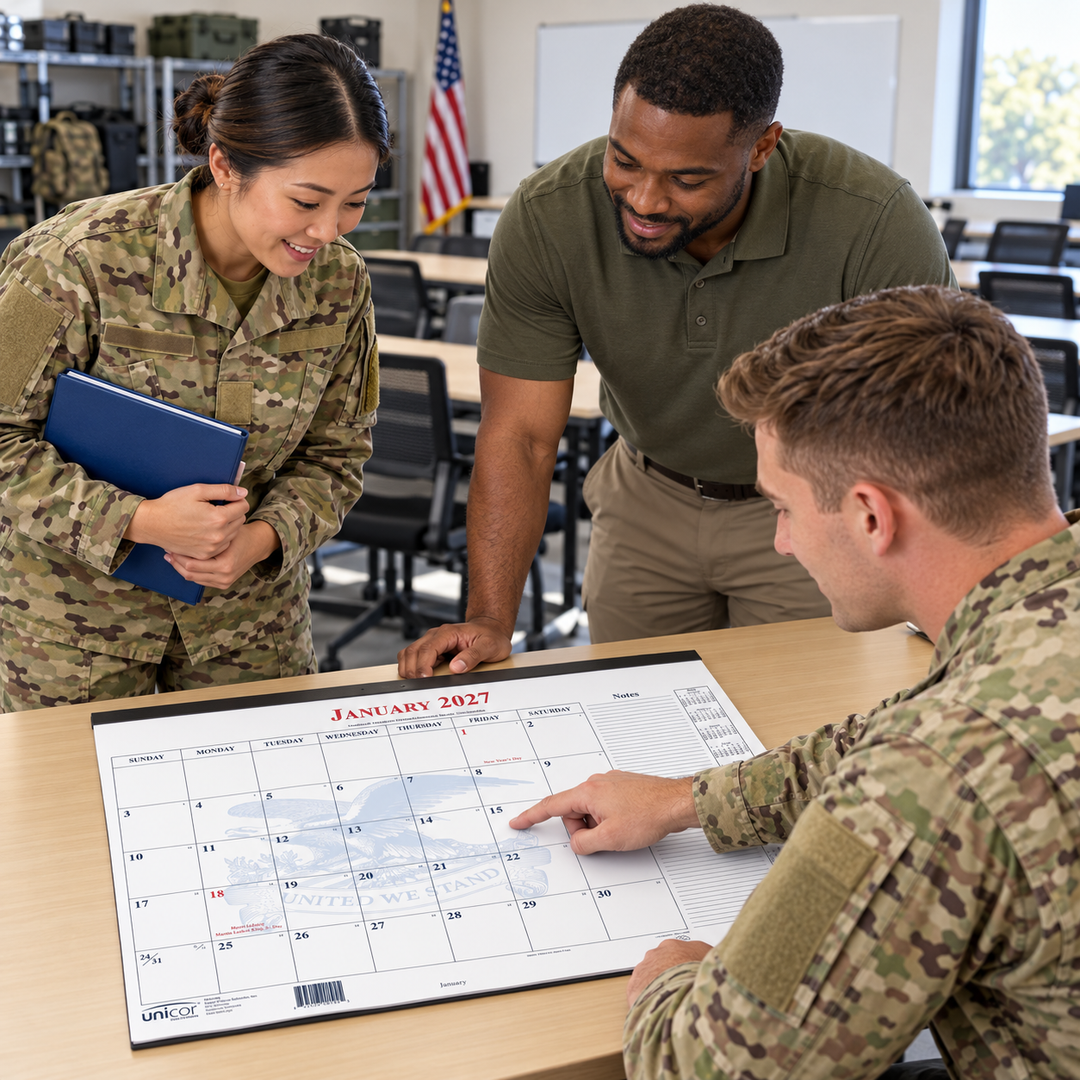 Service members and an instructor reviewing training dates on a monthly desk calendar.