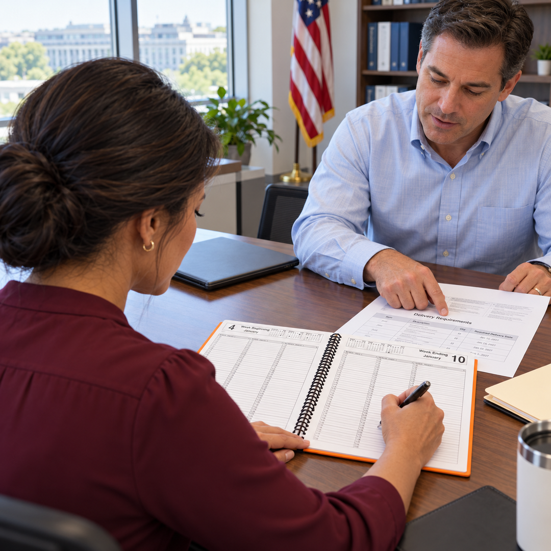 Office colleagues reviewing delivery requirements and recording plans in a weekly appointment book