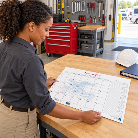 Facilities professional placing a UNICOR calendar blotter on a workshop planning desk.