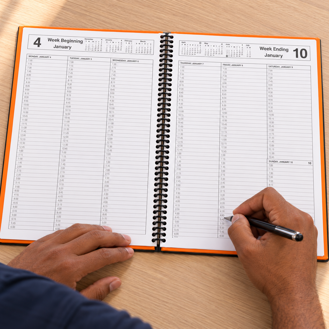 Close view of a hand writing in an open UNICOR weekly appointment book.
