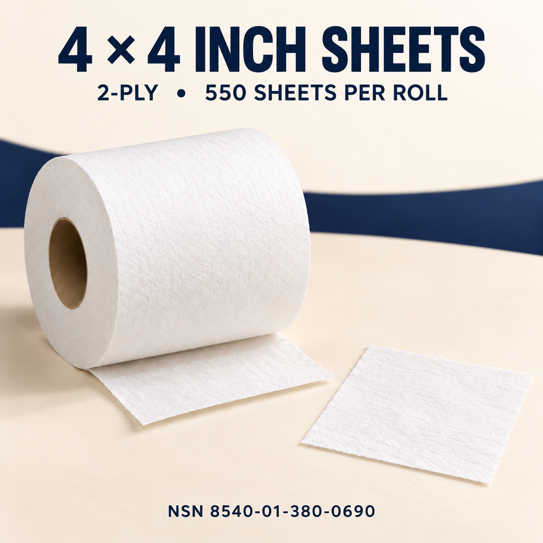 White toilet tissue roll and individual sheet, with text showing 4 × 4 inch sheets, 2-ply construction, and 550 sheets per roll
