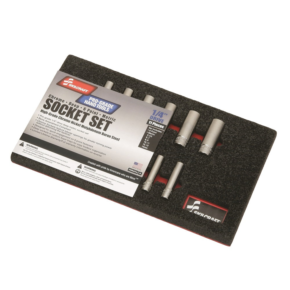5120016593463, AbilityOne NSN6593463, Pro-Grade Socket Set, 1/4" Drive, Deep, Metric 6-Point Fasteners, 11 Piece Set Ea