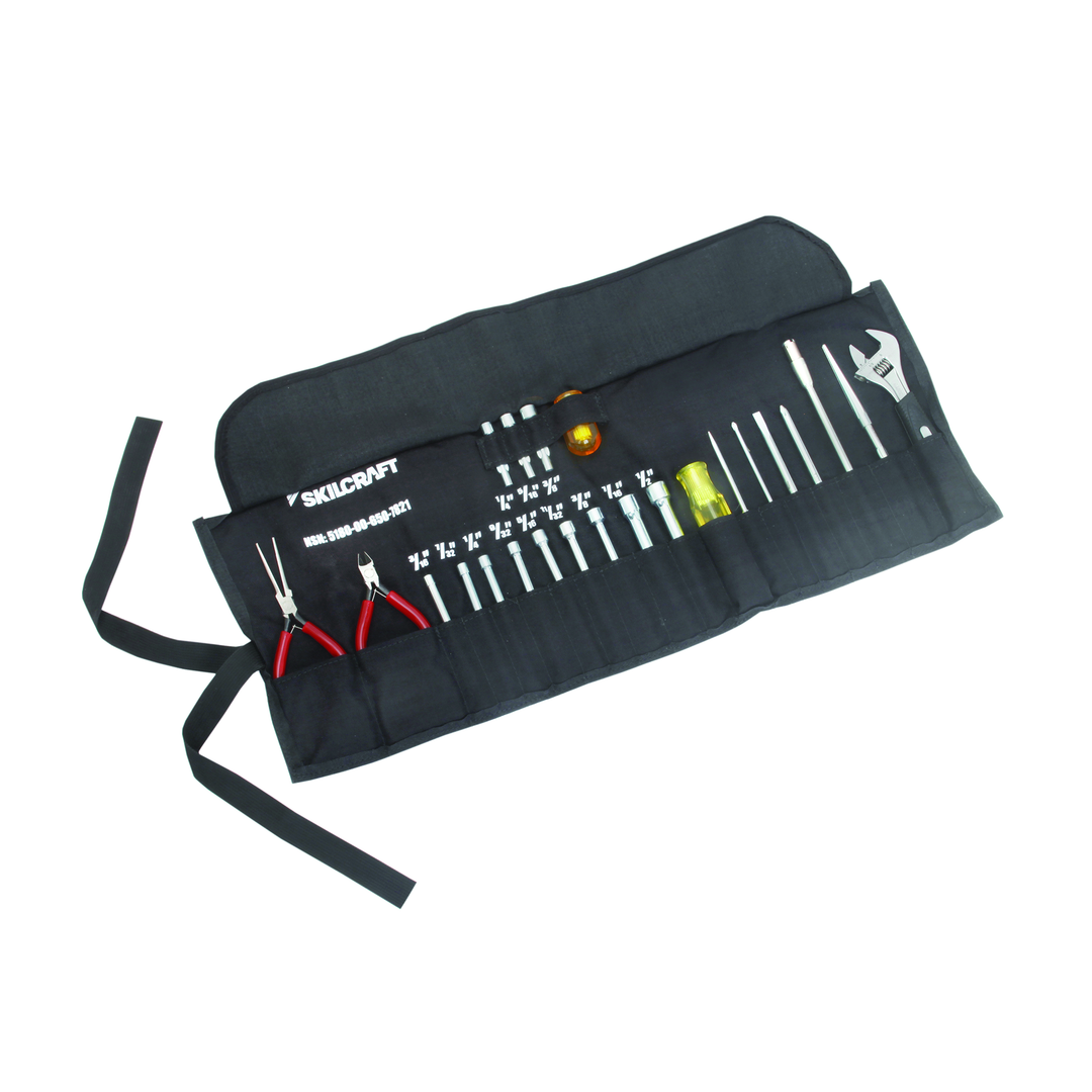 SKILCRAFT 23-piece tool kit, NSN 5180-00-650-7821, shown in its open black tool roll.