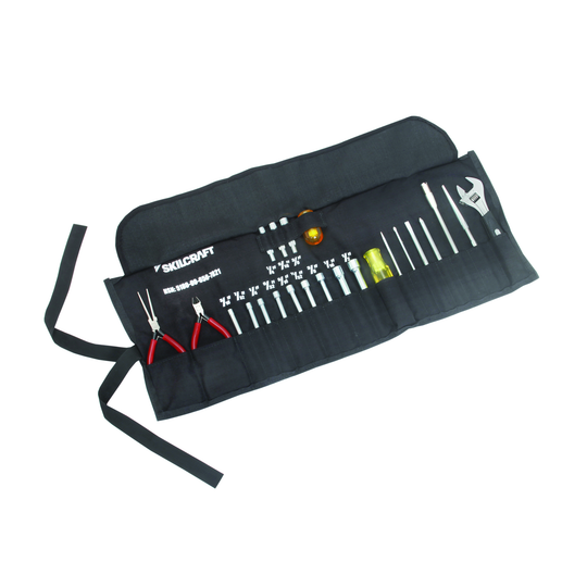 SKILCRAFT 23-piece tool kit, NSN 5180-00-650-7821, shown in its open black tool roll.
