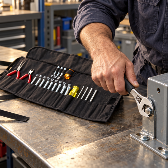 AI-generated illustration of a technician using an adjustable wrench beside an open tool roll on a workbench.
