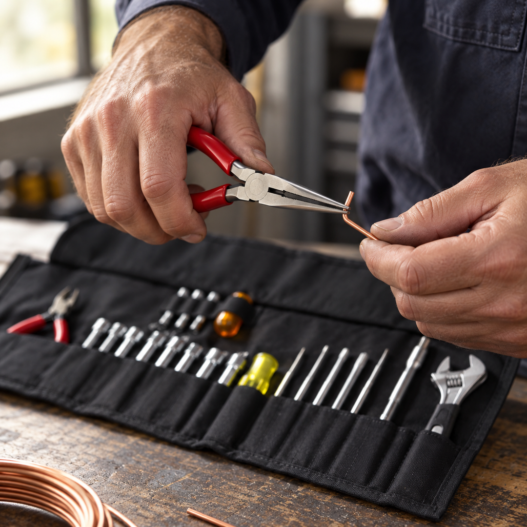 AI-generated illustration of a technician bending copper wire with red-handled needle-nose pliers beside an open tool roll.