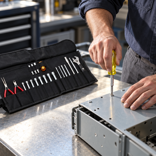 AI-generated illustration of a technician using a yellow-handled screwdriver on a metal enclosure beside an open tool roll.