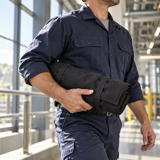 AI-generated illustration of a technician carrying a closed black tool roll secured with two straps in an industrial facility.