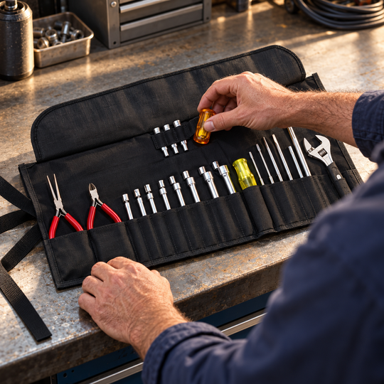 AI-generated illustration of a technician selecting an amber-handled tool from an open black tool roll on a workbench.