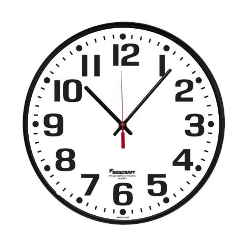 6645014565006 AbilityOne, Quartz Wall Clock, Battery Operated, Slimline Plastic Frame, w/Custom Logo, 9.25" Diameter, Black Case/White Face Ea