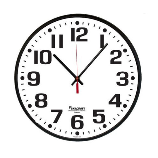 6645014565006 AbilityOne, Quartz Wall Clock, Battery Operated, Slimline Plastic Frame, w/Custom Logo, 9.25" Diameter, Black Case/White Face Ea