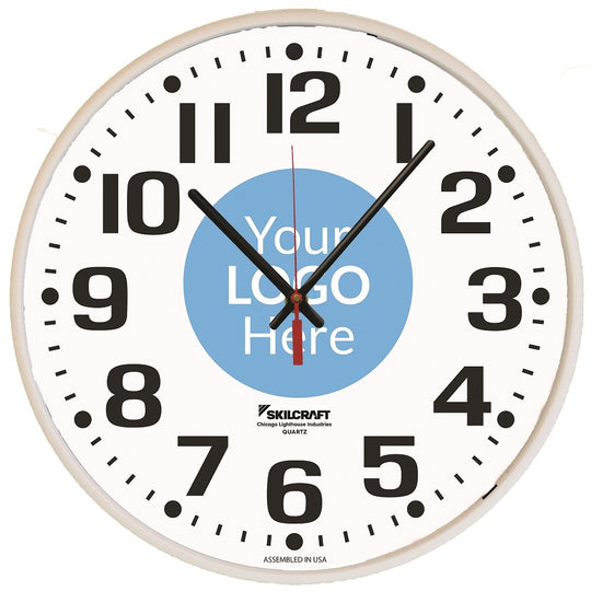 6645014566021 AbilityOne NSN4566021, Quartz Wall Clock, Battery Operated, Slimline Plastic Frame, w/Custom Logo, 12.75" Diameter, White Case/White Face Ea