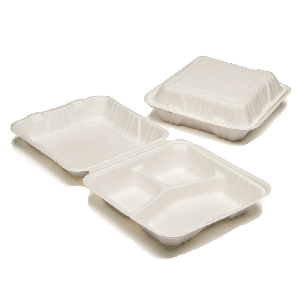 7350016646909 AbilityOne NSN6646909 Clamshell Hinged Lid To-Go Food Containers, 3-Compartments Bx