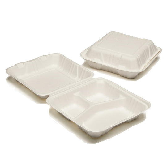 Abilityone Storage Box 9 x 9 x 3 compostable clamshell food containers with three compartments ...