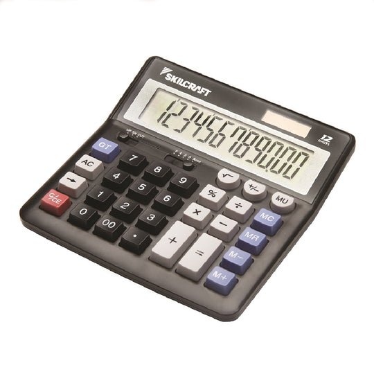 7420-01-484-4560 / 7420014844560 12-Digit Desktop Calculator • Dual Power • Large Angled Display • Black