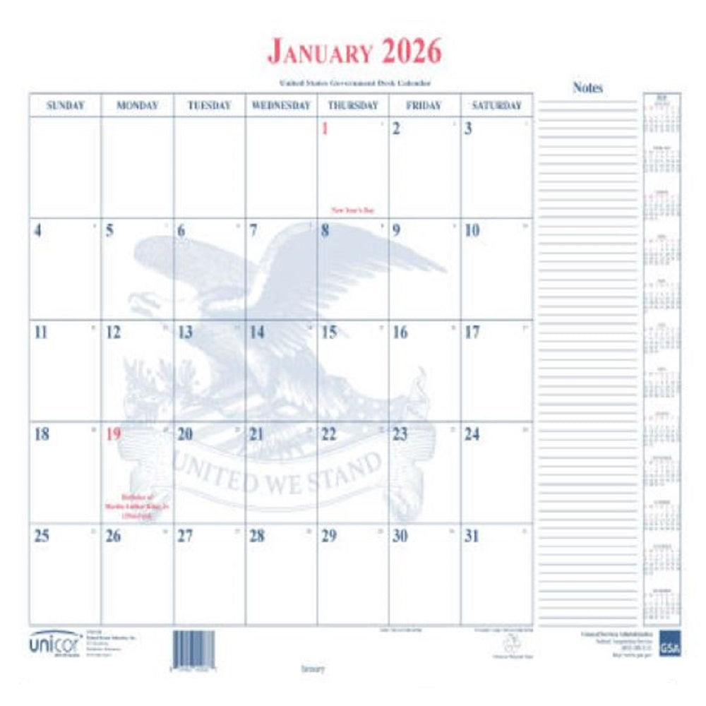 7510016648792 - UNICOR 2026–2027 Calendar Blotter – NSN 7510-01-664-8792