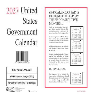 7510016649511 - UNICOR 2027 Monthly Wall Calendar - NSN 7510-01-664-9511