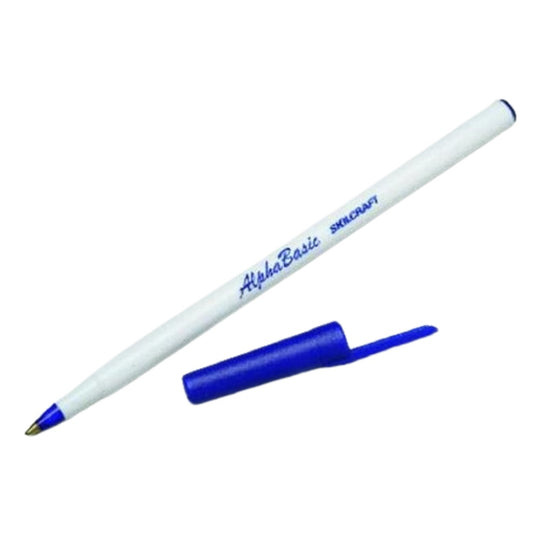 ALPHA BASIC ROUND BARREL STICK PEN, WHITE BARREL, BLUE INK PK