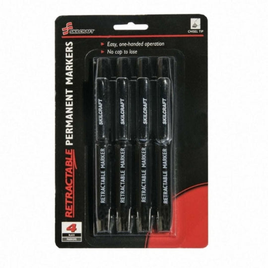 SKILCRAFT Retractable Permanent Marker, Chisel Tip, Black, Case Of 12 Packs (48 Markers) • 7520-01-555-0297 / 7520015550297