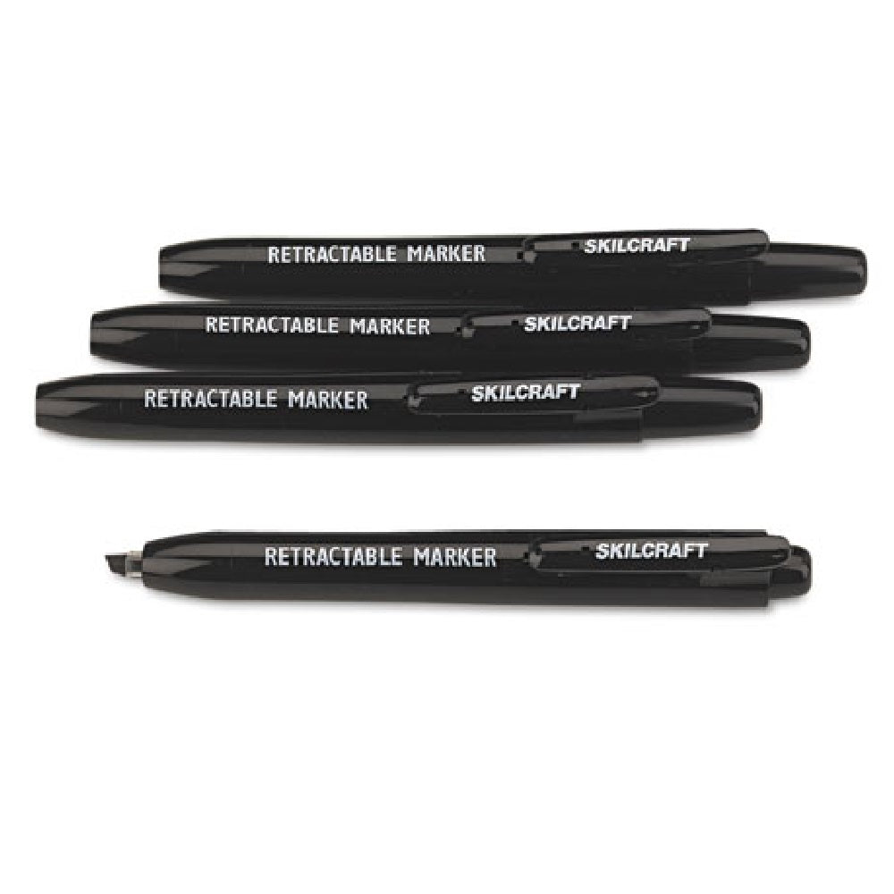 SKILCRAFT Retractable Permanent Marker, Chisel Tip, Black, Case Of 12 Packs (48 Markers) • 7520-01-555-0297 / 7520015550297