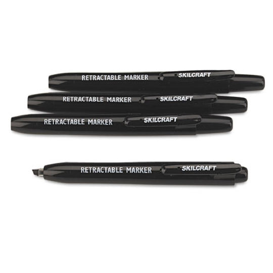 SKILCRAFT Retractable Permanent Marker, Chisel Tip, Black, Case Of 12 Packs (48 Markers) • 7520-01-555-0297 / 7520015550297
