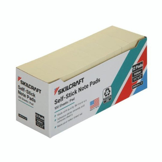 SKILCRAFT Self-Stick Note Pad • Plain • Yellow • 1-1/2" x 2" • Case • 7530-01-116-7866 / 7530011167866