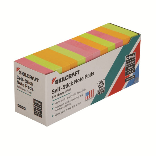 NSN 7530-01-385-7560 / 7530013857560 • Self-Stick Note Pads • Neon • Plain • 1-1/2" x 2" • 12 Pads per Pack