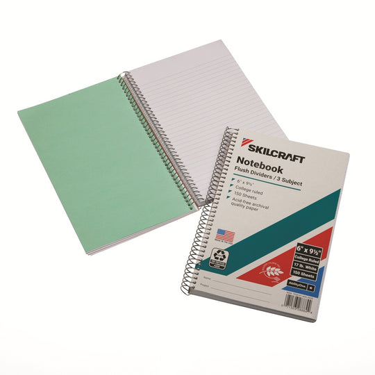 7530-01-600-2020 / 7530016002020 Recycled Spiral Notebooks • 3 Subject • College Ruled • 6" x 9-1/2" • 3/Pack
