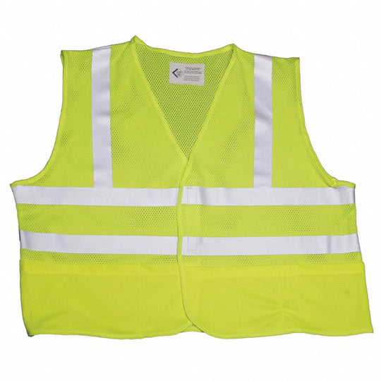SAFETY VEST FRONT CLOSURE, CLASS 2 ANSI 107, LIME, SILVER REFLECTIVE STRIPS - LARGE BX