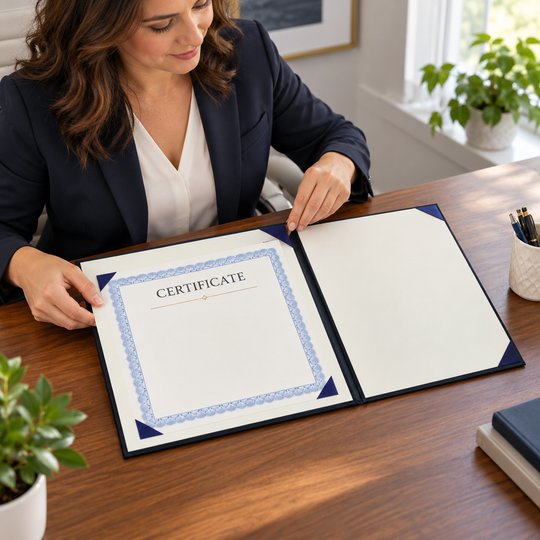 AI-generated illustration of a woman placing a certificate into a large U.S. Space Force award binder with corner ribbons.