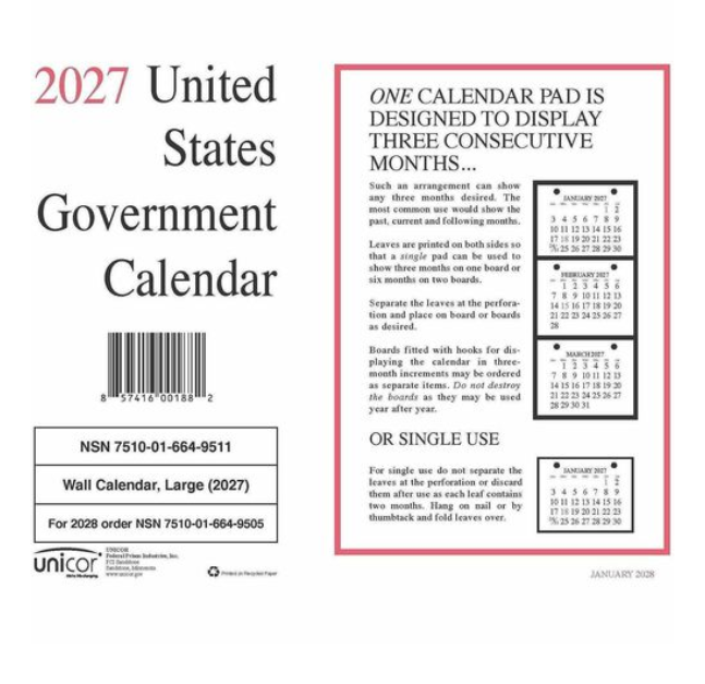 UNICOR 2027 government wall calendar cover with three-month display instructions, NSN 7510-01-664-9511.