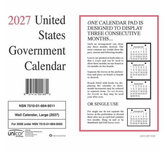 UNICOR 2027 government wall calendar cover with three-month display instructions, NSN 7510-01-664-9511.