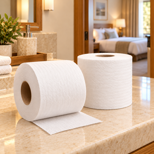 Two unwrapped toilet tissue rolls on a hotel bathroom counter, with folded towels, a soap dispenser and a neatly made bed in the background.