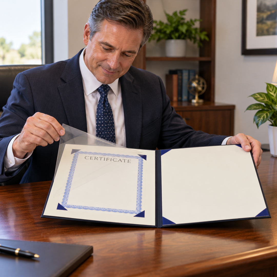AI-generated illustration of a man lifting the transparent protective sheet over a certificate in a large U.S. Space Force award binder.