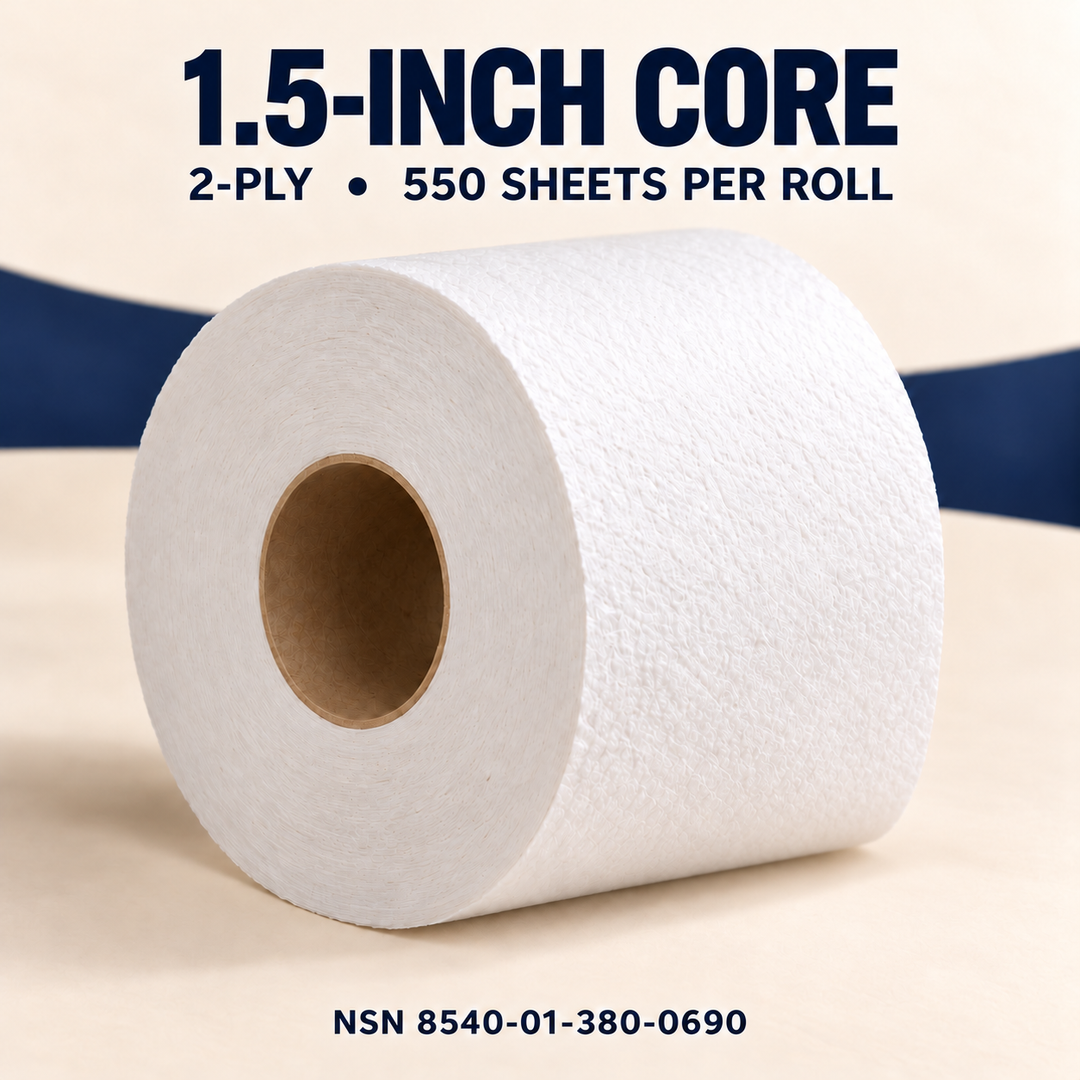 Toilet tissue roll showing its 1.5-inch core, with a graphic identifying 2-ply construction, 550 sheets per roll and NSN 8540-01-380-0690.