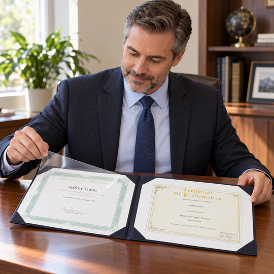 AI illustration of a man lifting a clear protective sheet over a sample certificate in an open U.S. Space Force award binder.
