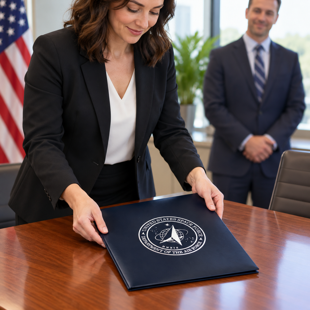 AI-generated illustration of a woman placing a large dark blue U.S. Space Force award binder on a conference table before a presentation.