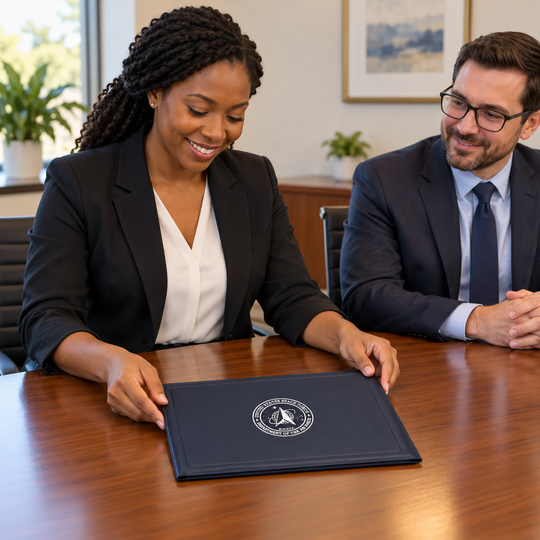 AI illustration of a woman positioning a closed U.S. Space Force award binder on a conference table while a colleague looks on.
