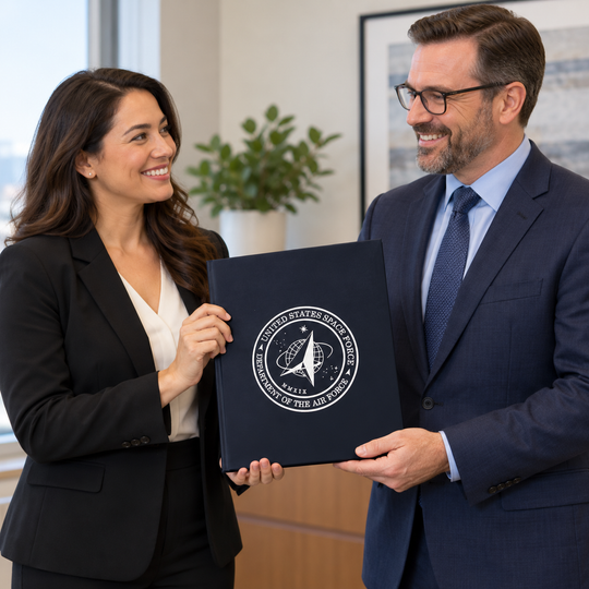 AI-generated illustration of two colleagues presenting a large dark blue U.S. Space Force award binder with a silver seal.