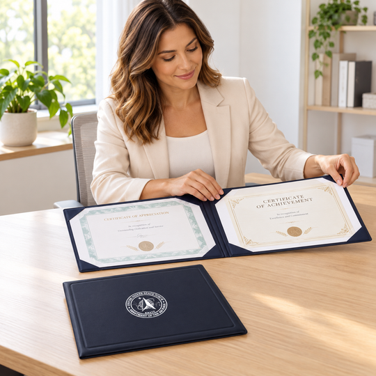 AI illustration of a woman arranging sample certificates in an open U.S. Space Force award binder, with a closed binder beside it.