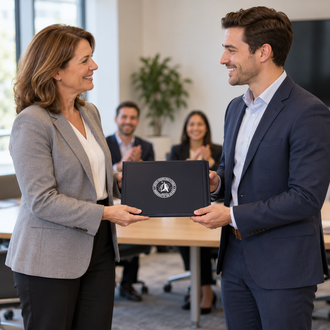 AI illustration of a woman presenting a closed U.S. Space Force award binder to a man while colleagues applaud.