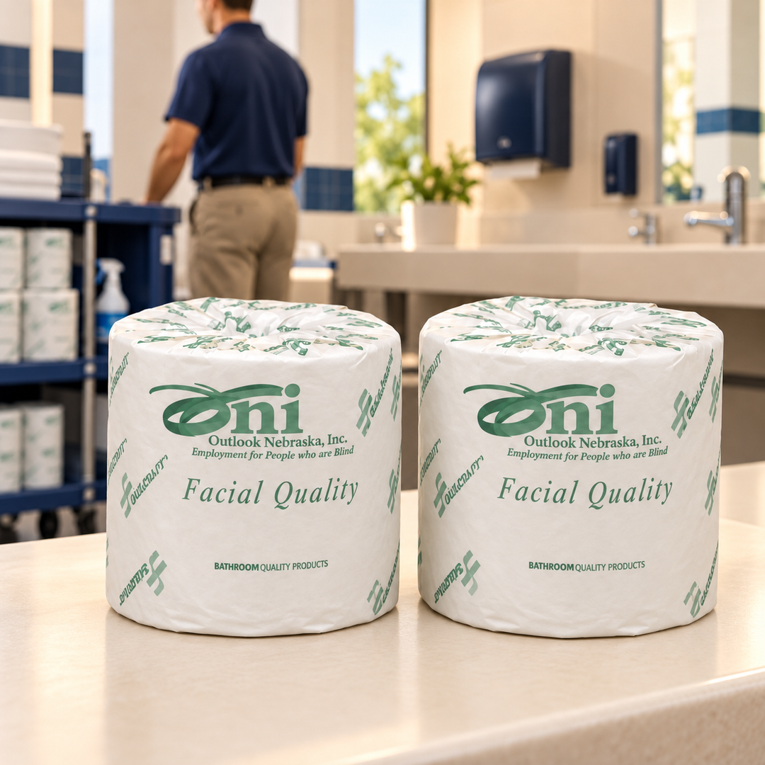 Two individually wrapped toilet tissue rolls standing upright side by side on a restroom counter, with a male facilities worker and supply cart in the background.
