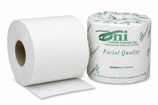 Wrapped and unwrapped white toilet tissue rolls on a white background, NSN 8540-01-380-0690